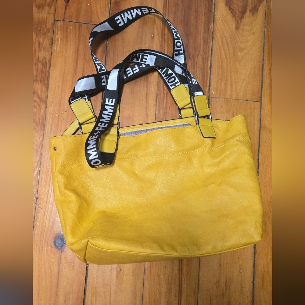 Homme + Femme Yellow Tote Bag Purse with Black and White Straps